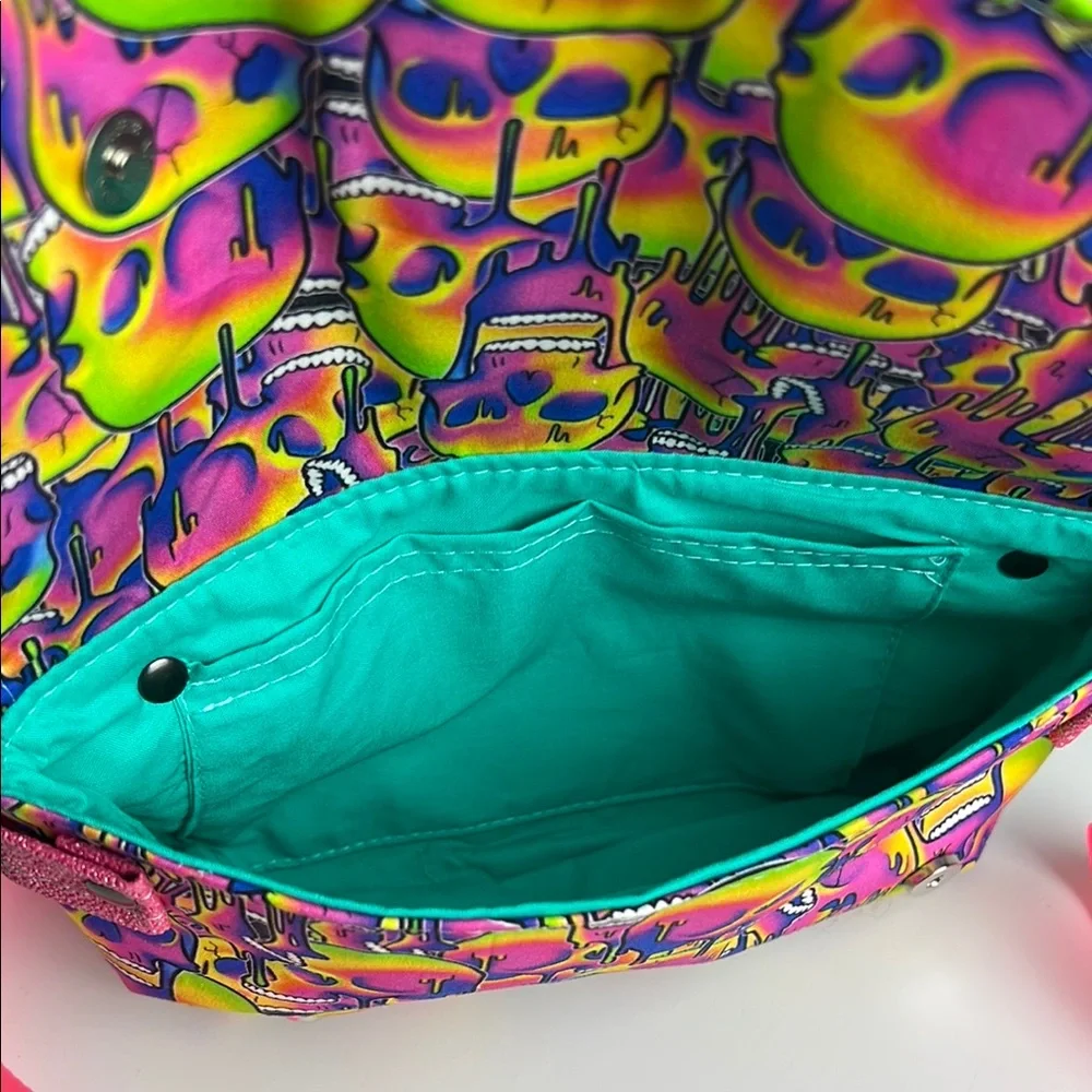 Skull Neon Pink Glitter Drippy Psychedelic Crossbody Bag with Strap - Picture 6 of 12
